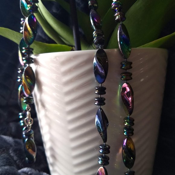 vintage 80s 3 piece iridescent oil slick layering necklaces brooch set - Picture 7 of 12